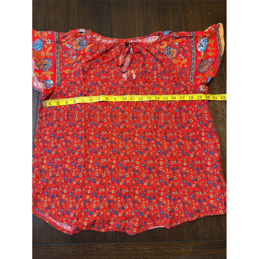 Hapsho Red Floral Boho Viscose Blouse Short Sleeve Tie Neck Top Size Large - Picture 3 of 7